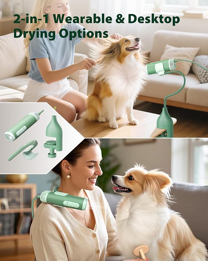 L&W BROS. 2-in-1 Pet Hair Dryer with Clamp Stand – Wearable & Hands Free Dog Grooming Dryer, 950W Low Noise Blower with 5 Heat & 3 Speed Settings, for Small to Medium Pets (Green)