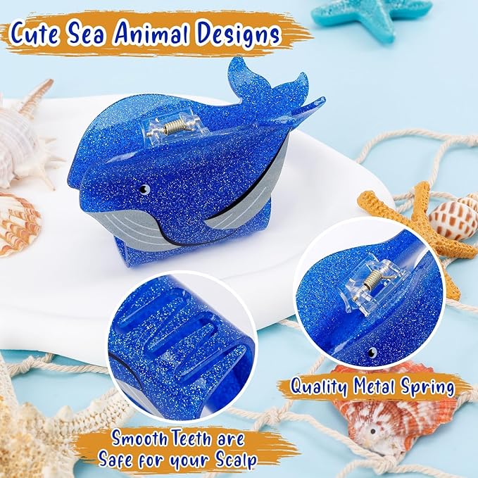 4PCS Sea Animals Hair Clips for Women Girls Large Ocean Hair Claw Marine Life Under the Sea Turtle Whale Octopus Jellyfish Beach Hair Accessories with Sturdy Grip Keep Hairstyle for Thick or Thin Hair
