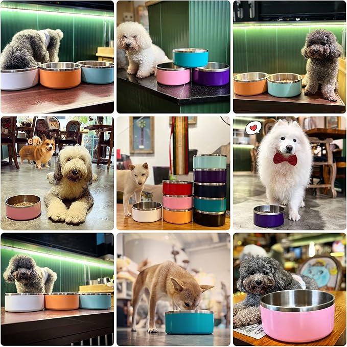 IKITCHEN Dog Bowl for Food and Water, 64 Oz Stainless Steel Pet Feeding Bowl, Durable Non-Skid Double Wall Insulated Heavy Duty with Rubber Bottom for Medium Large Dogs (64 Ounces/8 Cup, Pink)