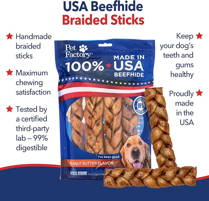 Pet Factory 7in Braided Beefhide Dog Chew Sticks with Peanut Butter Flavor - 100% USA Made Rawhide Chews for Medium Dogs, Long Lasting Dental Health, 7 inches (Pack of 6)