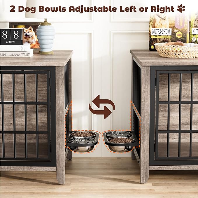 Lulive 37.8" Dog Crate Furniture, Large Wooden Dog Kennel Indoor with 360°& Adjustable Raised Dog Bowls, Double Doors Furniture Decorative Side End Table Dog Cage for Medium Dogs, Grey