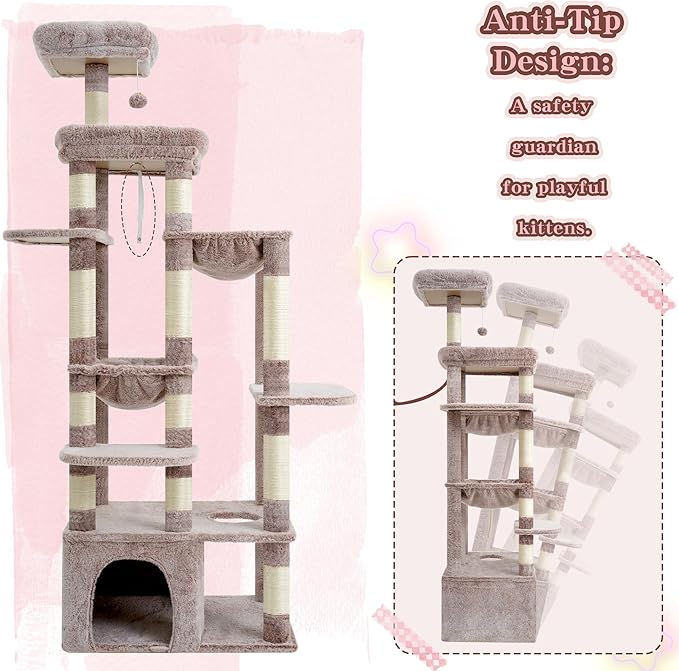 Heybly Cat Tree, 71-Inch Tall Cat Tower for Large Maine Coon Cats with Extra-Large Baseboard, Cat Condo Furniture with Multi-Level Platforms, 2 Hammocks and 12 Scratching Posts, Muchroom HCT037MU