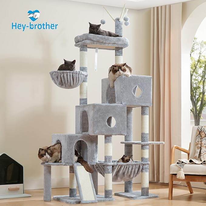 Hey-brother Cat Tree Tower, Scratching Posts with 3 Condos, Large Basket, Cozy Bed, Sisal Board, Step-by-Step Climbing Pathway and Toys, 74.8 inches Furniture for Big Indoor Cats, Light Gray MPJ081W