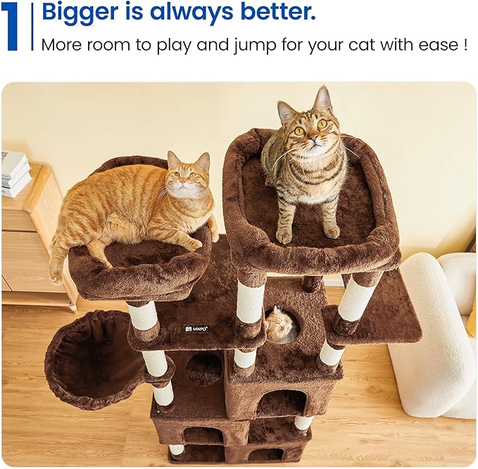 MWPO Extra Large Cat Tree - 70.1-Inch Tall Cat Tower with 3 Cat Condos, Multi-Level Cat Stand for Large Cats Featuring Scratching Posts, Padded Perches, Hammock, Dangling Toys, Brown