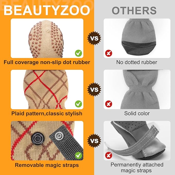 BEAUTYZOO Non Slip Dog Socks to Prevent Licking Paws -Dog Boots & Paw Protectors with Grippers on Hardwood Floors, Dogs Shoes for Hot/Cold Pavement Small Medium Large Senior Dogs Booties