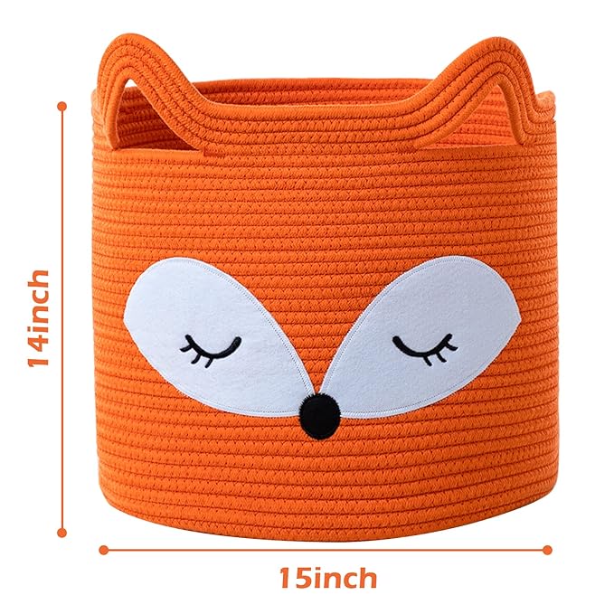 VK VK·LIVING Fox Toy Basket Cotton Rope Animal Baskets Orange Laundry Hamper for Toys, Clothes,Gifts,Towels, Blankets, Empty Gift Basket for Organizing with Handles 15''x14''