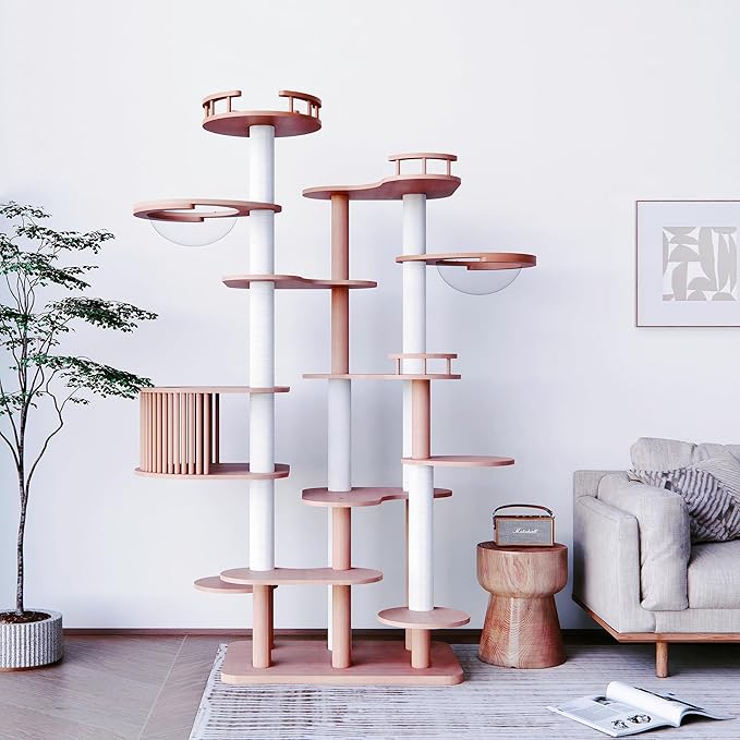 Downpat Cat Tree 84.6" Solid Wood Multi-Level Cat Tower with Condo,Cat Scratching Post,Jumping Space,Furniture Suitable for Cats (with Cat Scratching Mat Pad Anti-Slip Mat)