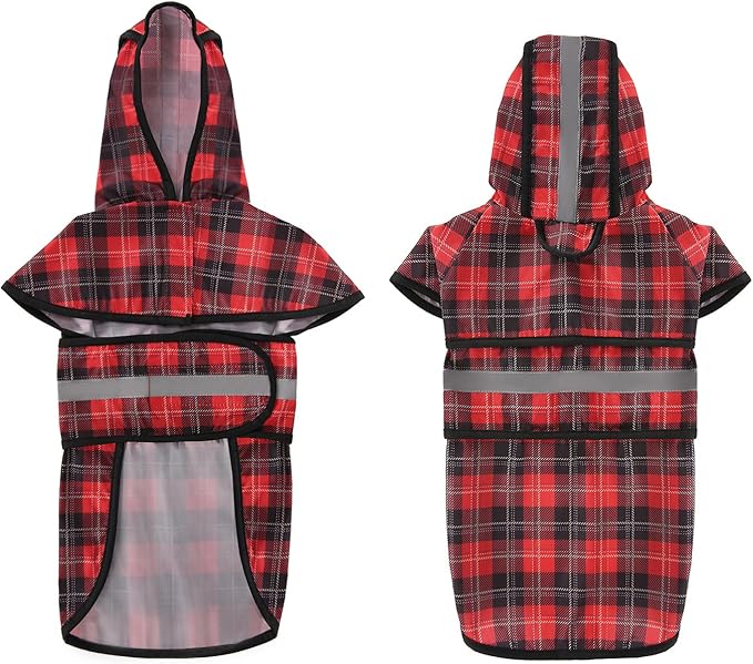 HDE Dog Raincoat Jacket Reflective Adjustable Hooded Pet Poncho Rain Coat with Leash Hole for Small to X-Large Dogs Plaid - S