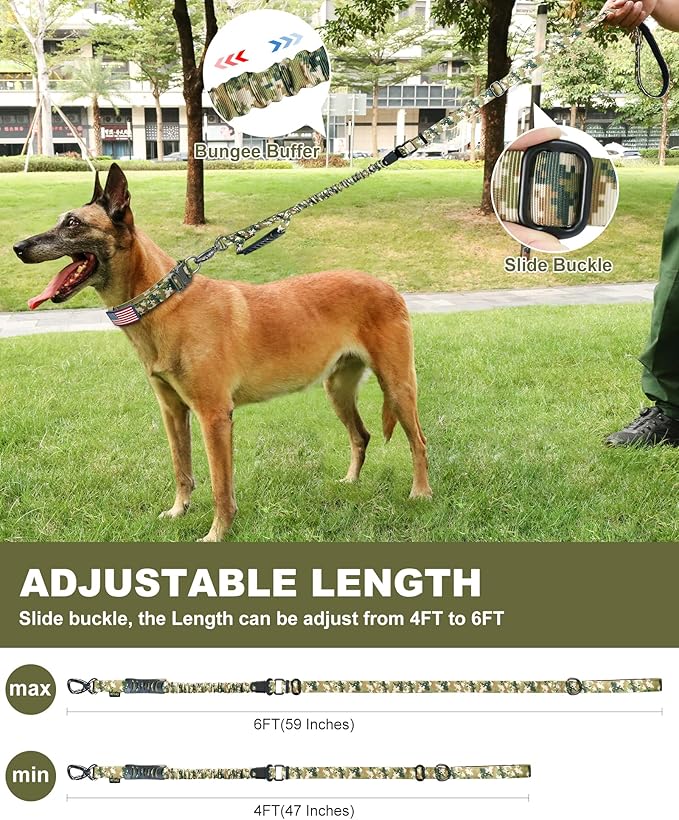 Hotsky Tactical Dog Leash Heavy Duty,4-6Ft Strong Bungee Shock Absorbing Lead with Padded Double Handle,Car Seatbelt,Metal Carabiner Clip,No Pull Leash for Small Dogs,Army Camo
