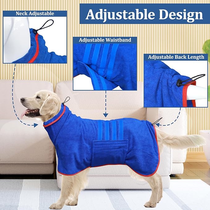 Dog Drying Coat - Fast Drying Dog Bathrobe Towel,Super Absorbent Pet Bath Robe,Microfibre Quick Dry Warm Keeping Robes with Adjustable Collar and Waist (Blue, Small)