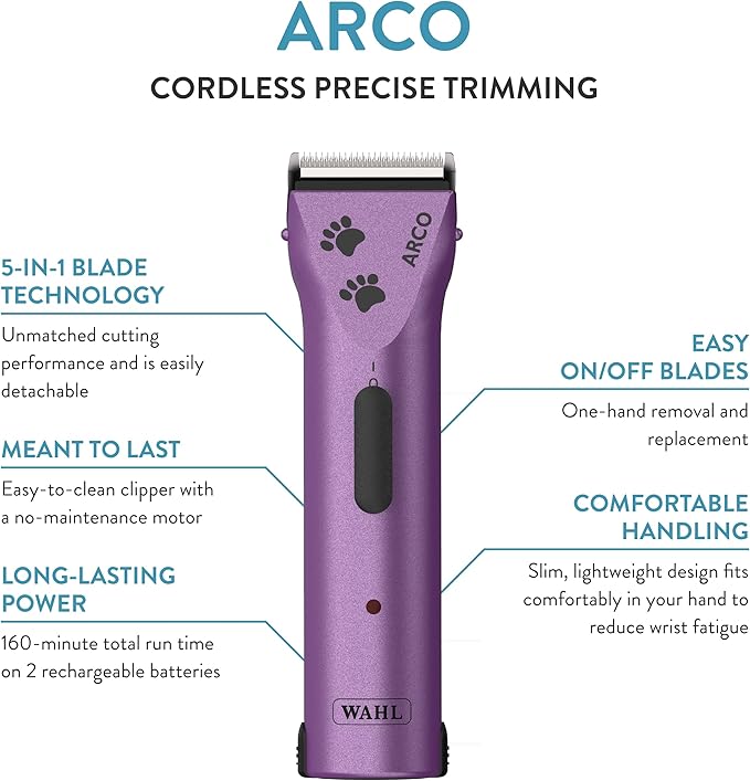 Wahl Professional Animal Arco Pet, Dog, Cat, and Horse Cordless Clipper Kit, Purple (8786-1001)