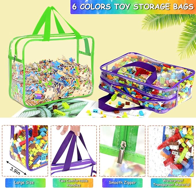 6 Color Large Toy Storage Bags with Labels, Reusable Clear PVC Board Game Storage, Travel Waterproof Organizer Bags with Zipper for Building Blocks, Puzzle, Kids Books