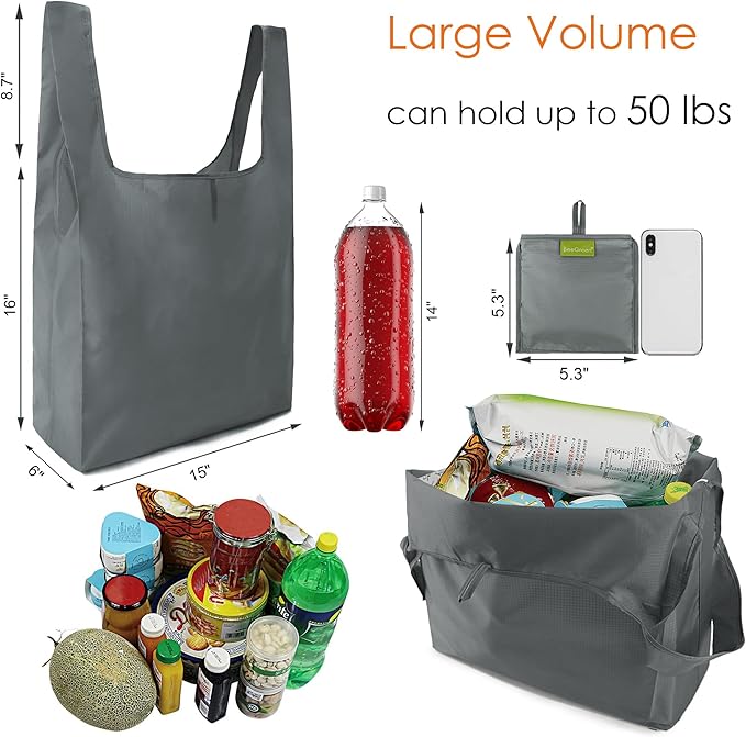 BeeGreen Grey Reusable Grocery Bags Wholesale Gray Reusable Kitchen Bags Bulk with Elastic Band Foldable-Machine Washable with Zipper Storage Pouch 50 Packs