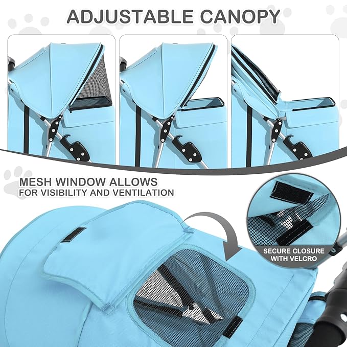 MoNiBloom 3 Wheels Pet Dog Cat Stroller for Small Medium Dogs Cats, Lightweight Foldable Jogger Stroller w/Storage Basket and Cup Holder, Mint Green