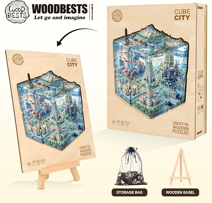 WOODBESTS Wooden Puzzles for Adults, Cube City Wood Puzzles Adult(240 Pieces, L, 13.4 * 12.4in), Unique Shape Wooden Animal Jigsaw Puzzles, Birthday Gifts for Adults Family Game