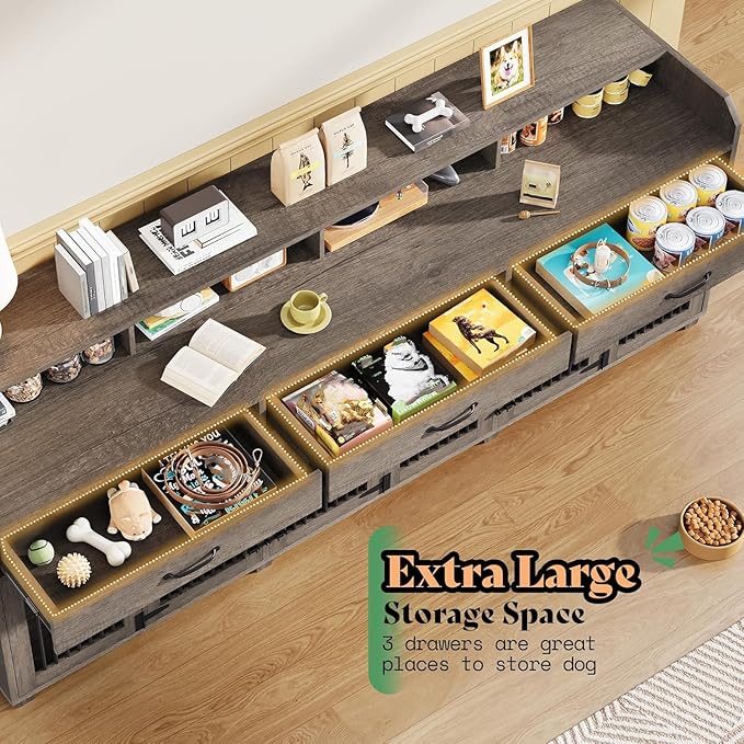 AMERLIFE 95" Large Dog Crate Furniture with Storage, 3-Room Indoor Wooden Dog Kennel for Large/Medium Dogs, TV Stand & Sideboard with Drawers & Removable Divider, Grey