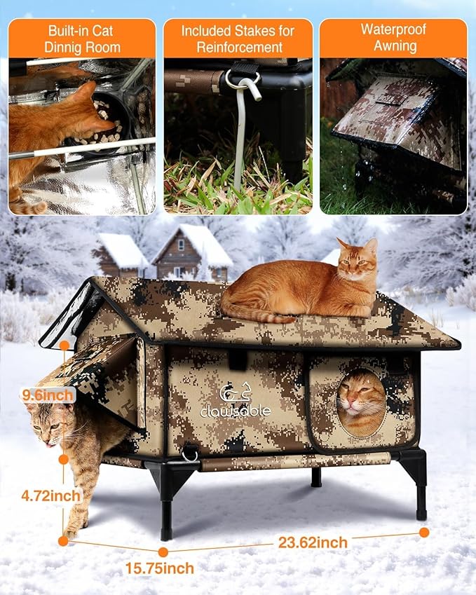 Indestructible Gable Roof Heated Cat House for Outside Winter, 100% Waterproof, Safe Escape Door, Insulated Outdoor Cat Shelter with Heater for Feral Barn Cat Kitty (Desert Camouflage, 15"x15"x19")