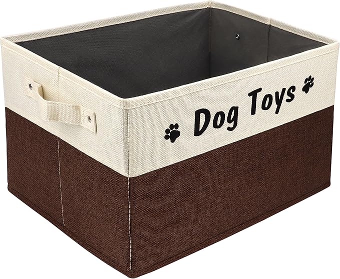 PET ARTIST Dog Toy Basket, Foldable Dog Toy Bin Box for Living Roon Area, Collapsible Storage Basket with Comfortable Handles for Pet Coat, Accessories, Brown, 15"x11"x9"