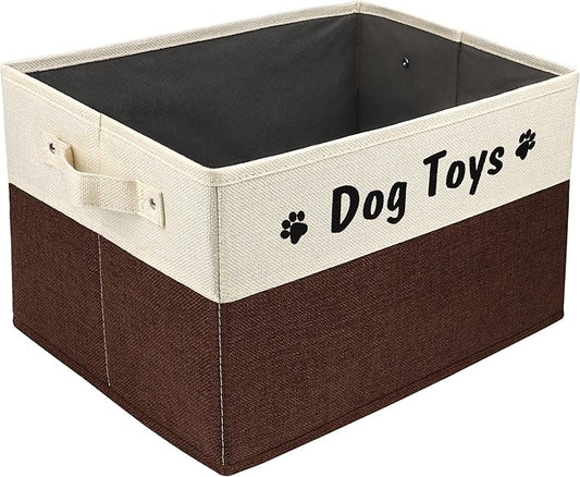 PET ARTIST Dog Toy Basket, Foldable Dog Toy Bin Box for Living Roon Area, Collapsible Storage Basket with Comfortable Handles for Pet Coat, Accessories, Brown, 15"x11"x9"