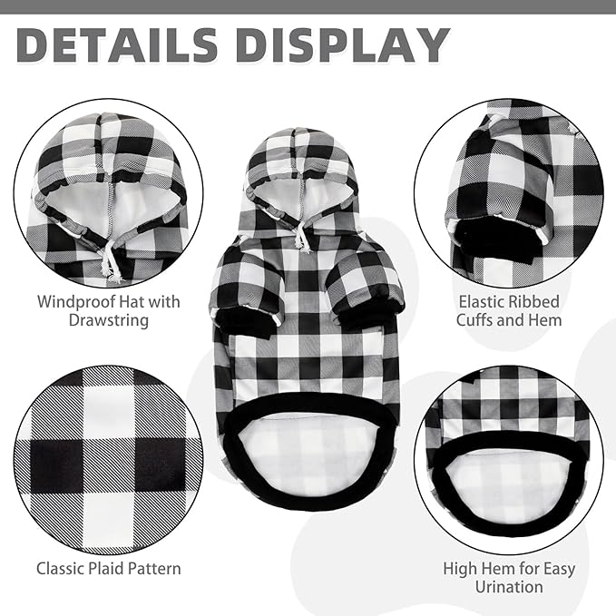 KOOLTAIL Plaid Dog Hoodie for Small Medium Large Dogs - Pet Clothes Sweater with Hat and Pocket for Cold Weather Winter, Warm Soft Hooded Sweatshirt Coat Outfit for Puppy Cats Girls Boys White XL