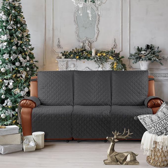 Ruaozz Waterproof Recliner Sofa Cover 1-Piece Couch Covers for Reclining Couches Reclining Sofa Cover Washable Furniture Protector with Elastic Straps Pocket for Kids, Pets (Charcoal Grey, 3 Seater)
