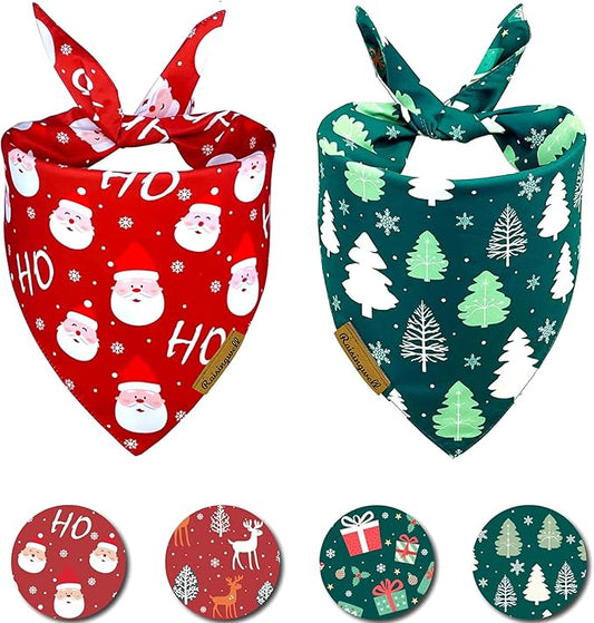 Christmas Dog Bandanas 2 Pack, 4 Pattern Reversible Holiday Bandana for Boy and Girl, Dog Scarf for Medium and Large Breed Dogs | Chritmas Gift | Reindeer | Santa Claus | Tree |