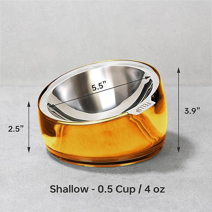 Felli Pet Oblik Anti Whisker Fatigue & Regurgitation Raised Cat Food Water Bowl, Tilted Stainless Steel Shallow Dish Dishwasher Easy Clean, Elevated Dry Wet Metal Feeder Slanted Plate (0.5Cups, Gold)