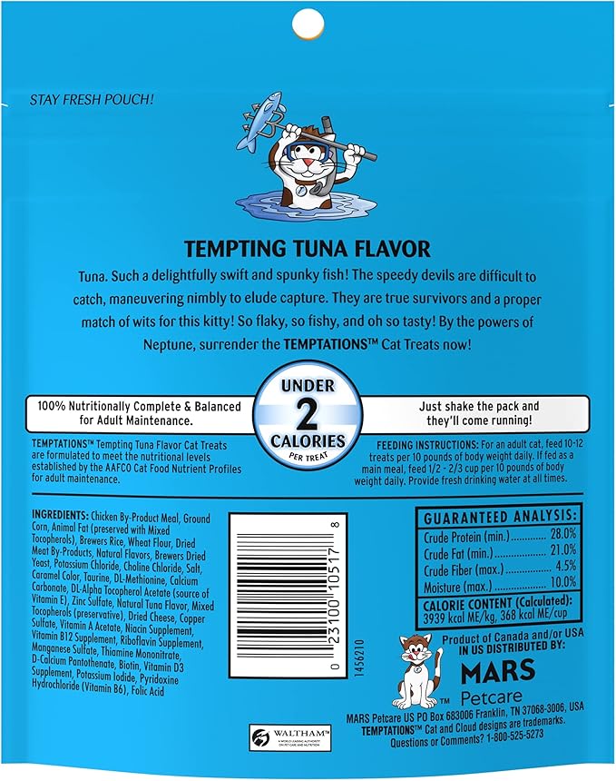 Temptations Classic Crunchy and Soft Cat Treats Tempting Tuna Flavor, 6.3 oz. Pouch (Pack of 10)