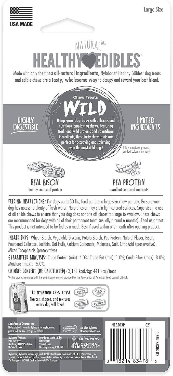 Nylabone Healthy Edibles Wild Natural Long-Lasting Bison Flavor Bone Chew Treats for Dogs, Large (1 Count) (Pack of 4)