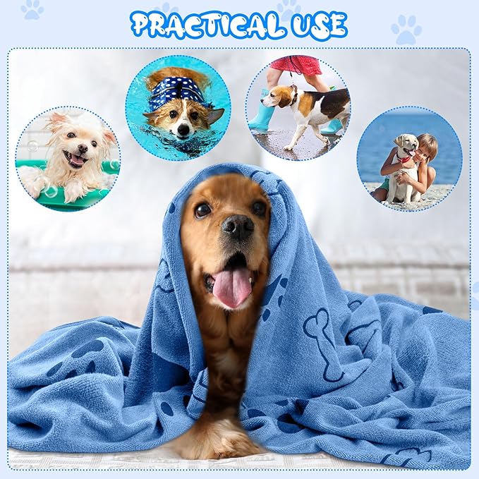 Tatuo 12 Pcs Dog Grooming Towels 28 x 55 Inch Microfiber Drying Pet Bath Towels Dog Absorbent Towel Quick Drying Puppy Bathing Supplies for Small Medium Large Puppy Cat(Blue,Paw, Bone)
