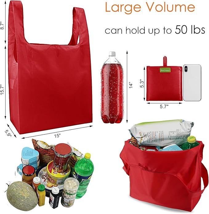 BeeGreen Christmas Red Reusable Grocery Bags with Zipper Storage Pouch 10 Packs Red Reusable Shopping Bags Bulk with Elastic Band Foldable-Machine Washable