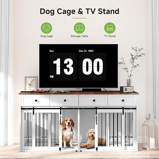 Real Relax 71” Large Dog Crate Furniture for 1 or 2 Dogs with Sliding Door, Heavy Duty Dog Kennel Furniture for Small/Medium Dogs with 4 Bowls, Dog Cage with Steel Frame, White