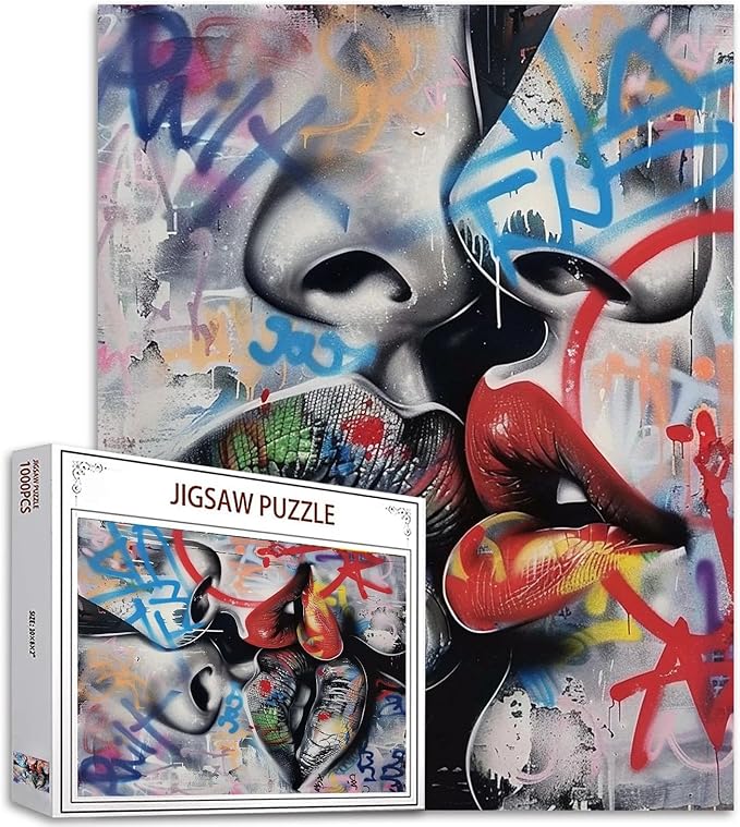 Love Couple Jigsaw Puzzle Street Graffiti Art 1000 Piece Jigsaw Puzzles for Adults Red and Black Lips Touching Home Decoration Family Puzzle Perfect for Game Nights Ideal Gift Choice 20 x 27 Inch