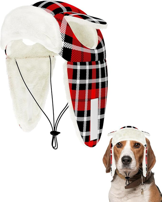 PET SHOW Dog Trapper Hat Winter Hat for Small Medium Dogs Christmas Warm Fleece Aviator Hats with Ear Flaps Adjustable Outdoor Boy Pet Pilot Costume Cap M-Red Plaid/with Ear Holes