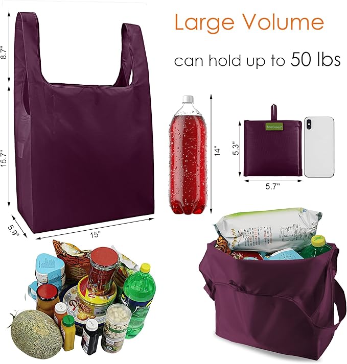BeeGreen Burgundy Reusable Grocery Bags Wine Red Reusable Kitchen Bags Bulk with Elastic Band Foldable-Machine Washable with Zipper Storage Pouch 50 Packs