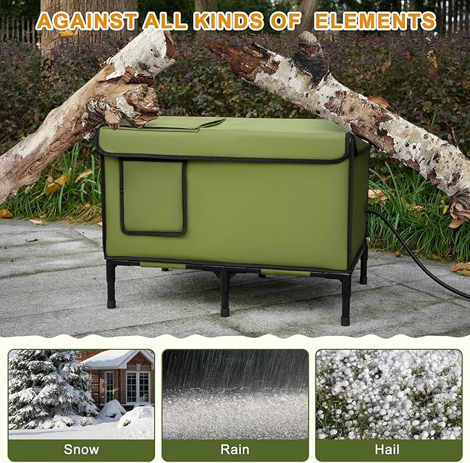 Palopalo Dewproof Heated Cat House for Outdoor Winter, Insulated Discreet Pet Shelter with Waterproof Heating Pad & Escape Door for Feral, Stray, Barn Kitty Cats (Army Green, 24.8" x 16.5" x 18.1")