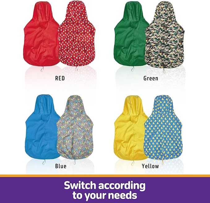 Dog Raincoat Reversible, Single Side Slicker Poncho Adjustable Waterproof Dog Rain Jacket with Leash Hole/Reflective Stripe Hooded Snowproof Windproof Clothes for Small to 3X-Large Dogs, L