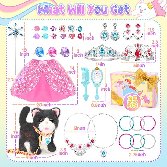 Tagitary Plush Cat Toy Can Repeats What You Say,Stuffed Interactive Cat Talking Musical Toys with Princess Pretend Jewelry Toy, Kids Dress Up Play Set Christmas Birthday Gift Party Favors for Toddlers