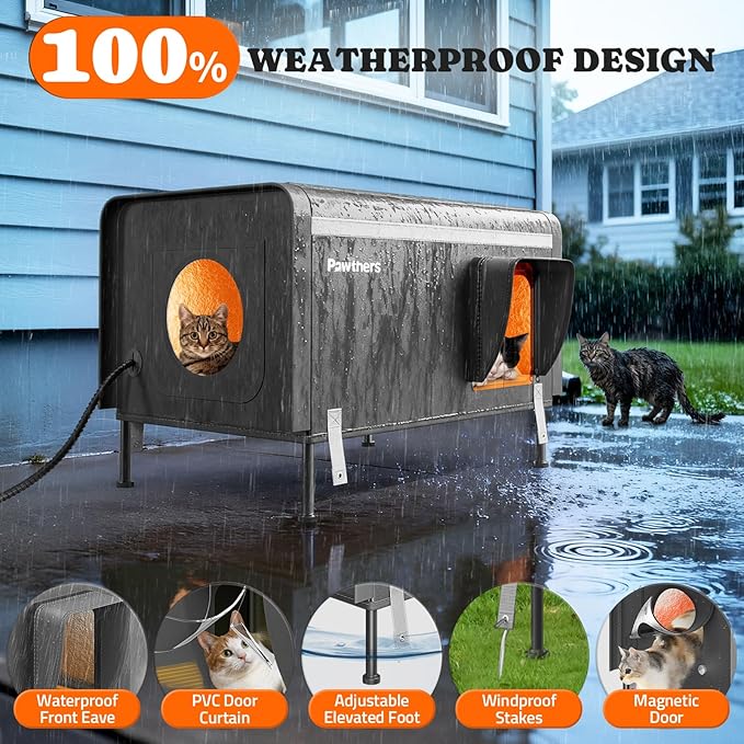 Pawtners Heated Outdoor Cat House for Outside Cats, 26'' XL Insulated Weatherproof Cat Shelter with Heated Pad, Elevated Feet & Escape Door, Warm Kitty House for Feral or Stray Cats in Winter