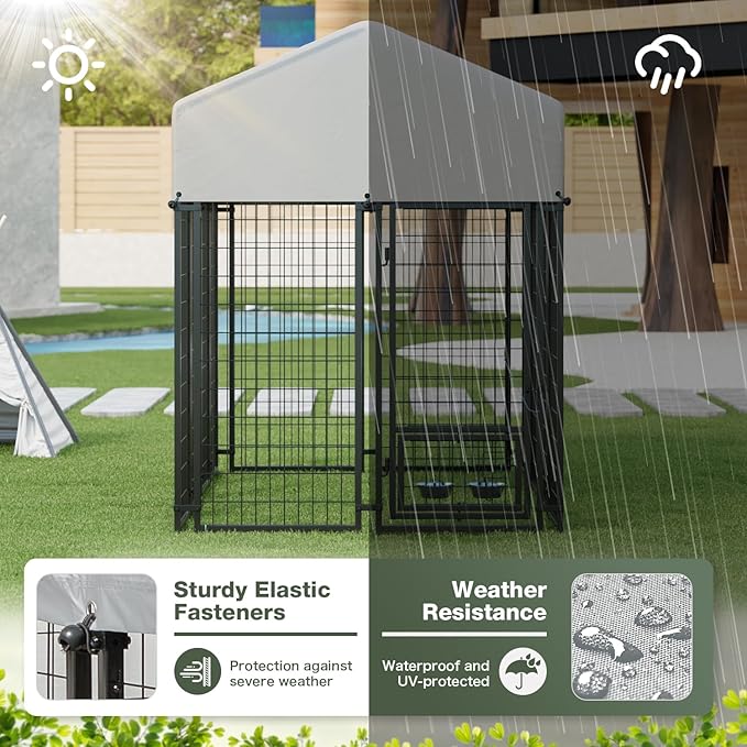 Greesum Large Outdoor Dog Kennel, Heavy Duty Welded Wire Steel Dog Playpen Fence with Secure Lock/UV-Resistant Waterproof Roof Cover/Rotaing Feeder Bowls, for Small/Medium/Large Dogs, XL