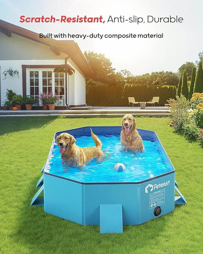 Peteast Foldable Dog Pool - Extra Large 71" x 39" x 12" Hard Plastic Portable Pet Bath Tub with Non-Slip & Reinforced Stability, Collapsible Design for Indoor Outdoor Backyard Use (Blue)