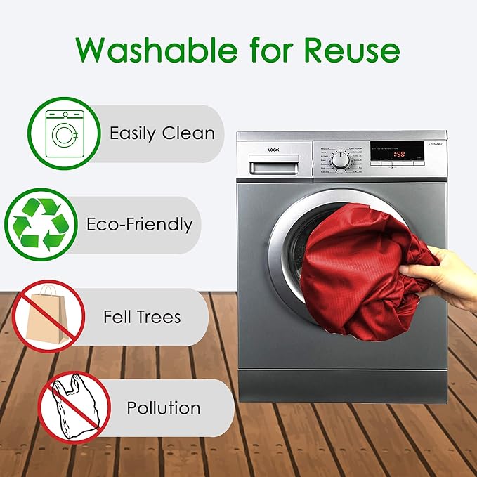 BeeGreen Christmas Red Reusable Grocery Bags Wholesale Red Reusable Kitchen Bags Bulk with Elastic Band Foldable-Machine Washable with Zipper Storage Pouch 50 Packs