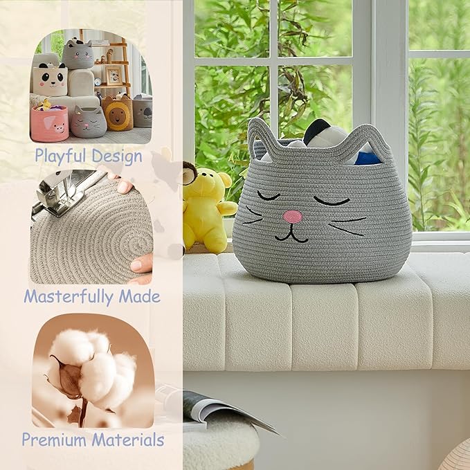 OMERAI Animal Baskets Cotton Rope Storage Basket Woven Toy Basket Large Basket for Blankets Cute Cat Toy Box with Handles Foldable Animal Laundry Basket Nursery Organizer, 15"D x 12.6"H