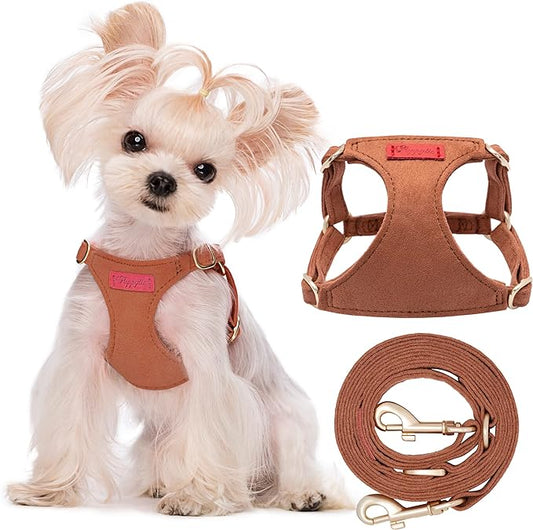 Puppytie No Pull XXS Puppy Harness with Multifunction Dog Leash,Soft Adjustable No Choke Escape Proof Pet Harness Vest,Brown Caramel,XXS