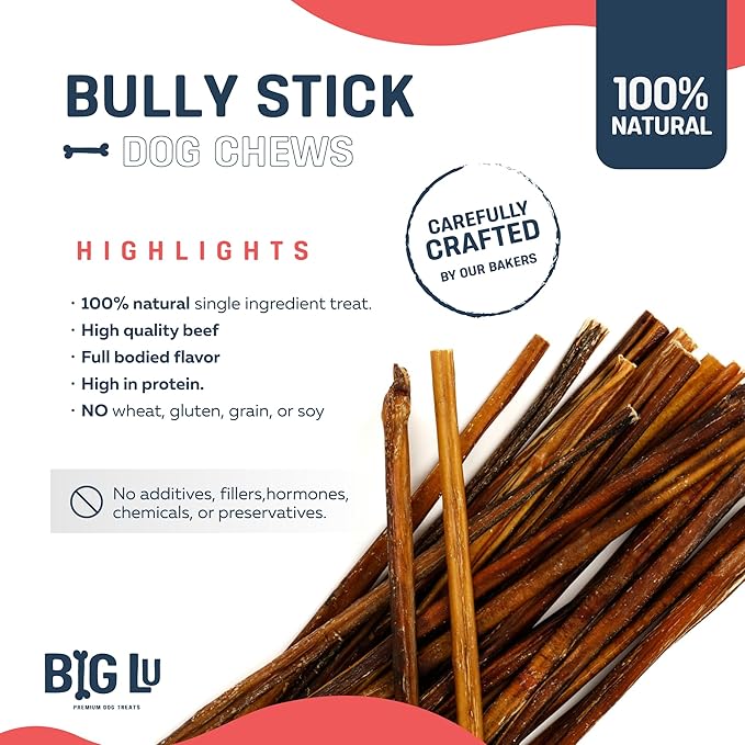 Big Lu - 12” Regular Bully Sticks, 12 Count, 100% Grass-Fed Beef Chews, Fully Digestible, Long-Lasting Treats for Aggressive Chewers, Natural Single-Ingredient Chews for Large Dogs
