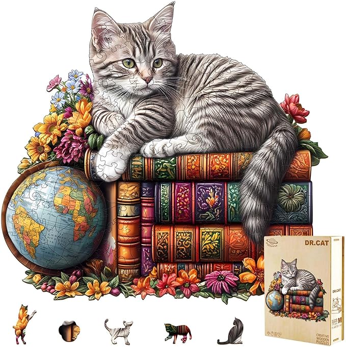 Wooden Puzzles for Adults - Dr. Cat Puzzle for Adults, Unique Shape Wooden Jigsaw Puzzle, Wood Puzzles Adult, Good Gift Idea for Cat Lovers, Home Decor (M-11.4 * 10.1in-170 Pieces)