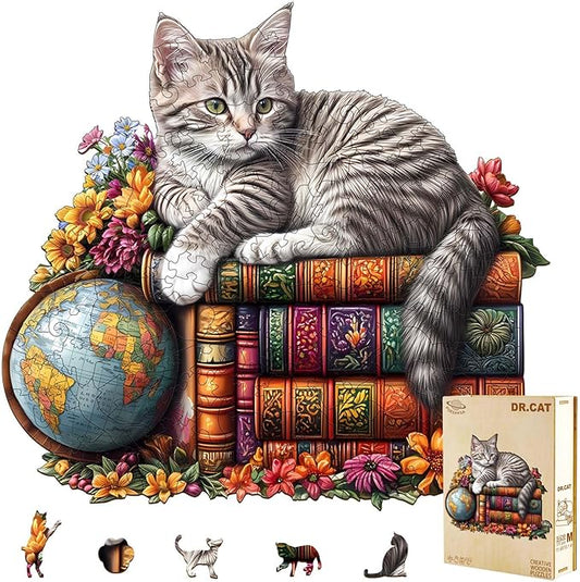 Wooden Puzzles for Adults - Dr. Cat Puzzle for Adults, Unique Shape Wooden Jigsaw Puzzle, Wood Puzzles Adult, Good Gift Idea for Cat Lovers, Home Decor (S-8.5 * 7.5in-90 Pieces)
