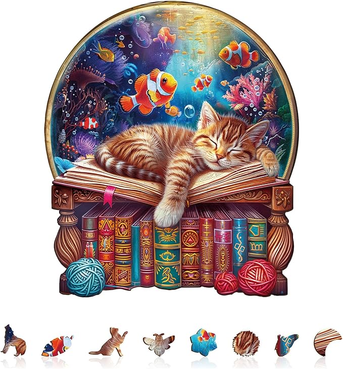 KAAYEE Wooden Puzzles for Adults, Kitten Dream Puzzles, 180 Piece Unique Animal Shape Puzzle, Cat Wood Puzzle for Adults, Creative Gifts for Cat Lover/Friends/Family, Home Decor(11.4 * 9.8in)