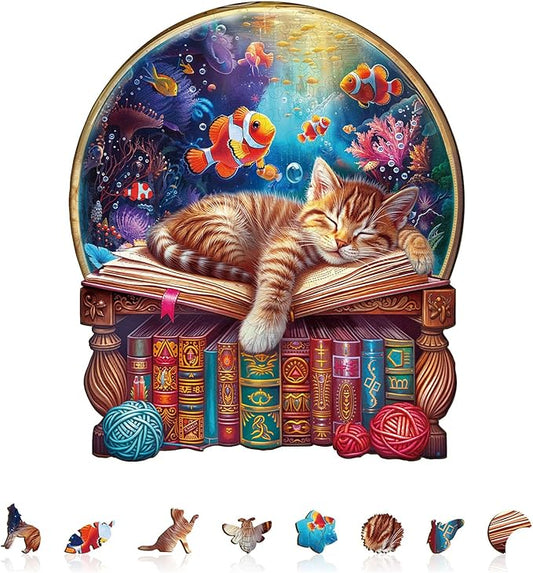KAAYEE Wooden Puzzles for Adults, Kitten Dream Puzzles, 100 Piece Unique Animal Shape Puzzle, Cat Wood Puzzle for Adults, Creative Gifts for Cat Lover/Friends/Family, Home Decor(8.5 * 7.3in)