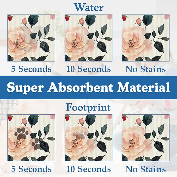 Pink Flower Leaf Pet Feeding Mat–Quick Dry Absorbent Dog Cat Food Mat, Non Slip Waterproof Bowl Placemat for Messy Eaters, Pet Accessories for Floors 16"x24"